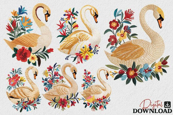 Floral Swan Embroidery Goose PNG