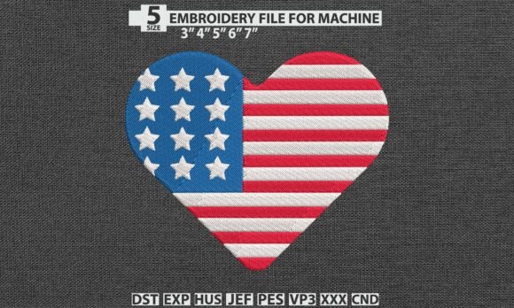 USA Flag Heart DST PES Embroidery File